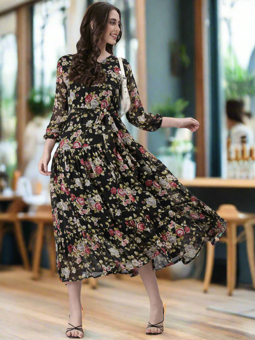 Black Floral Chiffon Midi Dress | Souchii