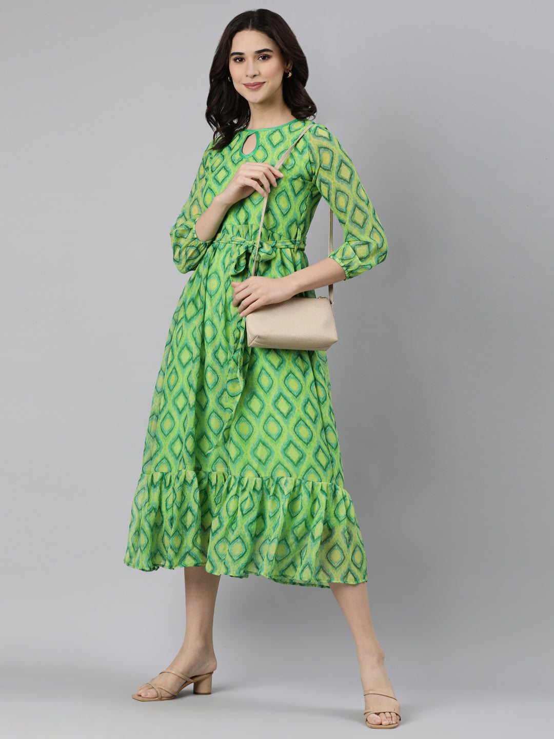 Maxi Dress – Green Abstract Printed Fit & Flare | Souchii