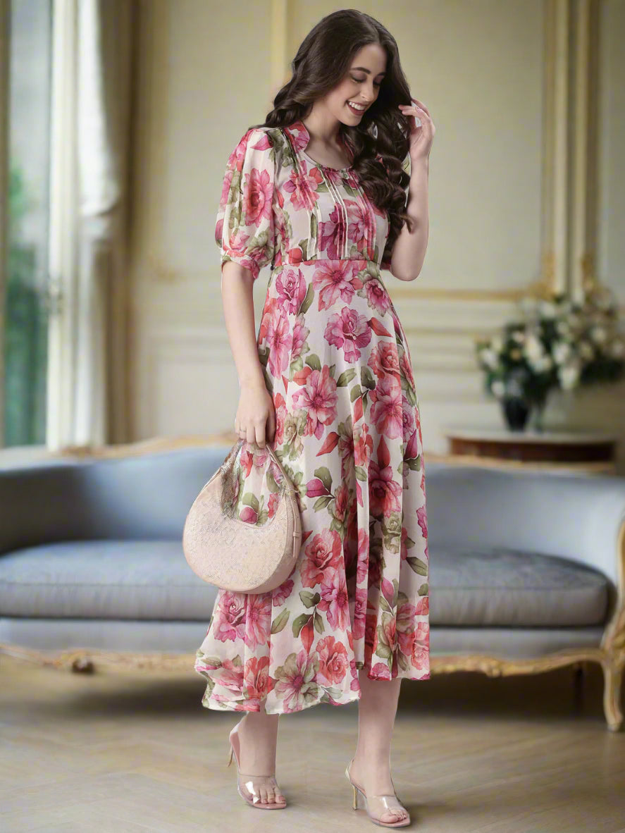 Cream Floral Puff-Sleeve A-Line Midi Dress | Souchii