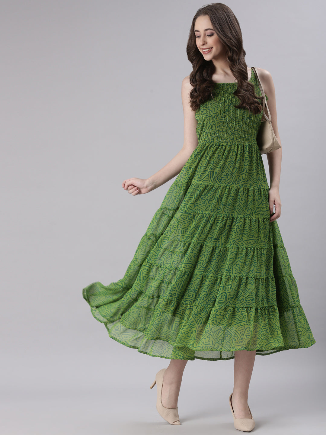 Green Abstract Pleated Fit & Flare Midi Dress | Souchii