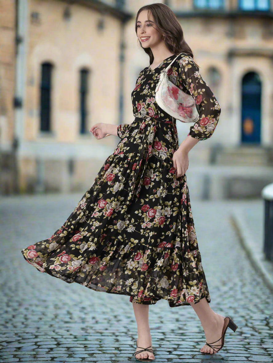 Black Floral Chiffon Midi Dress | Souchii