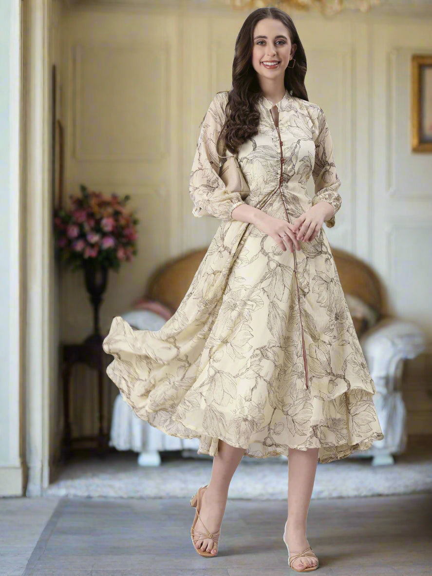 Cream Floral A-Line Belted Midi Dress | Souchii