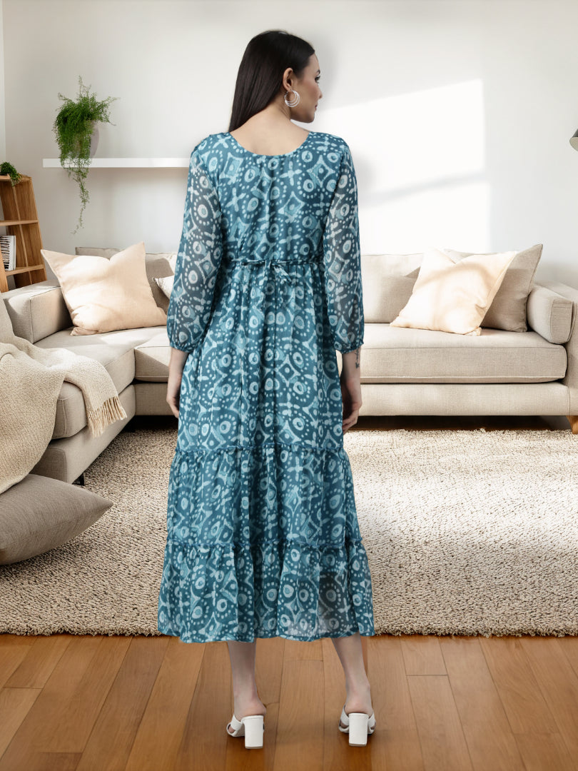 Fit & Flare Dress – Blue Ethnic Motif | Souchii