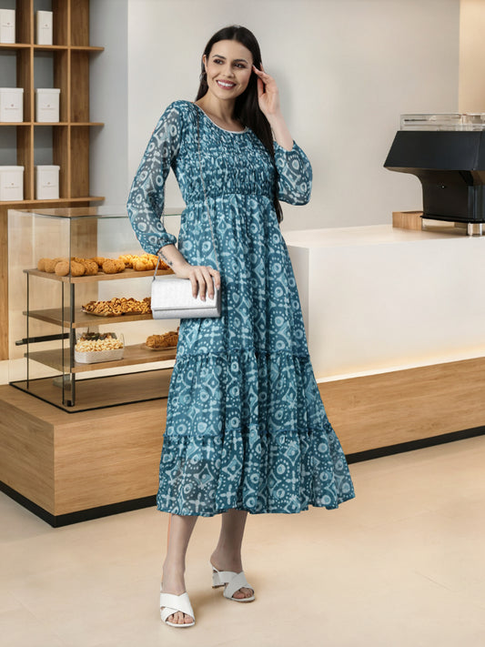 Fit & Flare Dress – Blue Ethnic Motif | Souchii