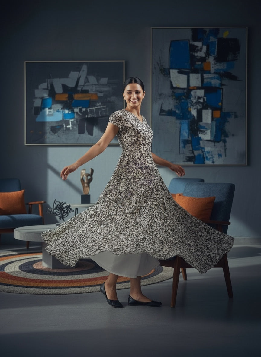 Souchii Black & Ivory Floral Chiffon Dress