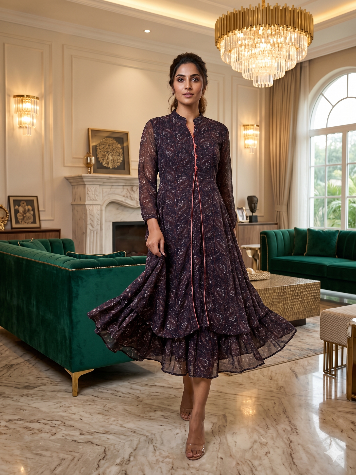 Souchii Women's Midnight Paisley Chiffon Layered Midi Dress