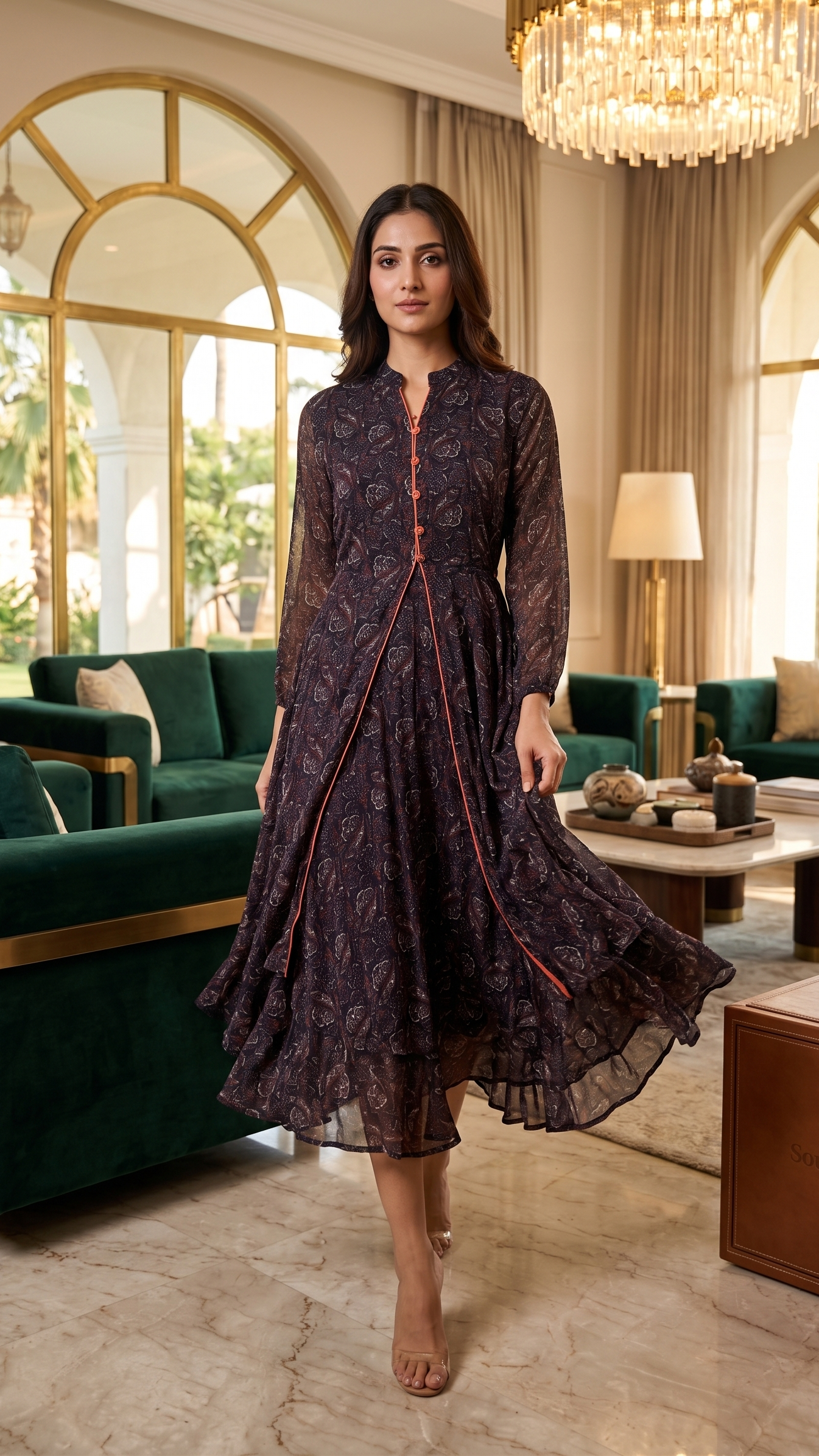 Souchii Women's Midnight Paisley Chiffon Layered Midi Dress