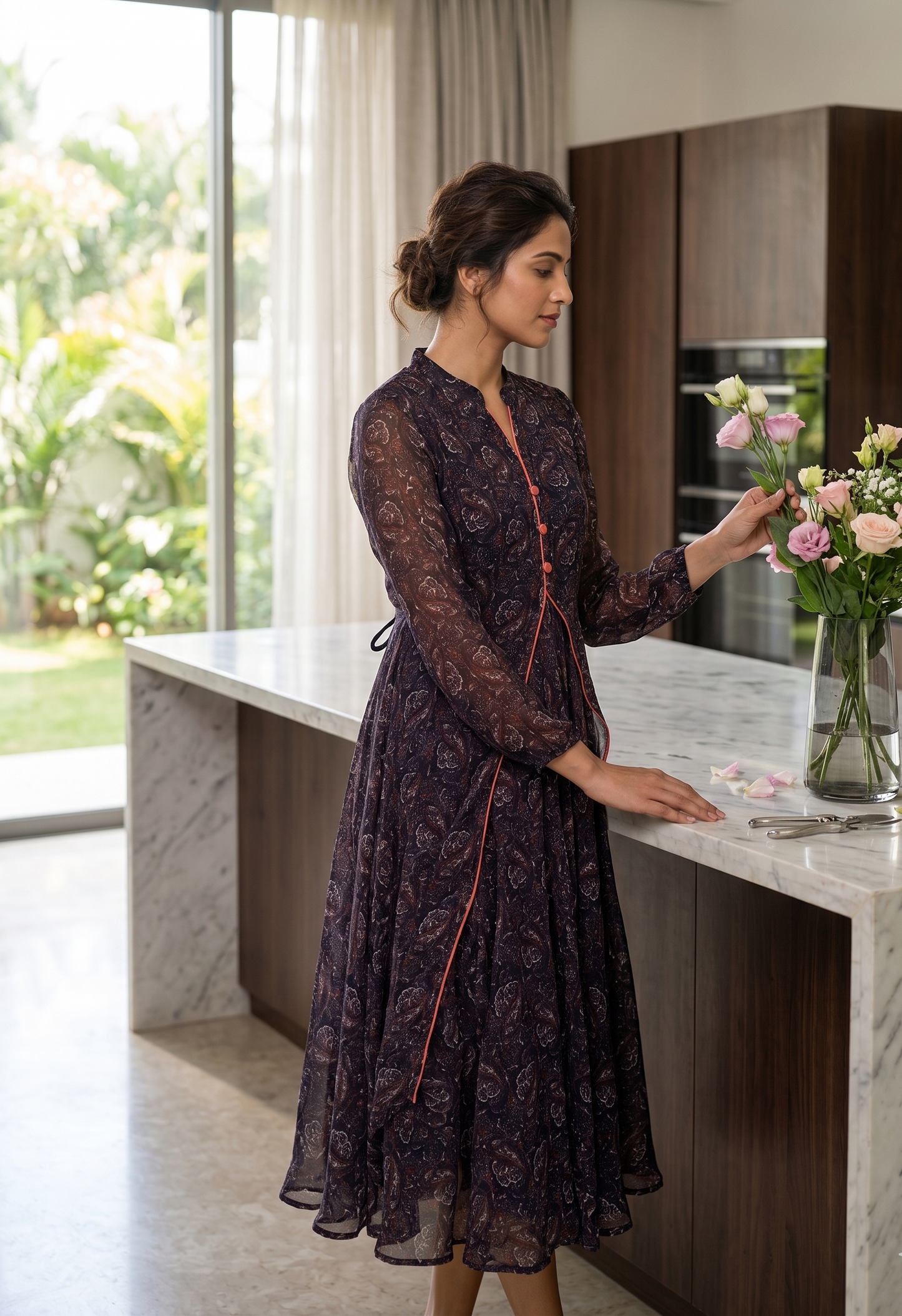 Souchii Women's Midnight Paisley Chiffon Layered Midi Dress