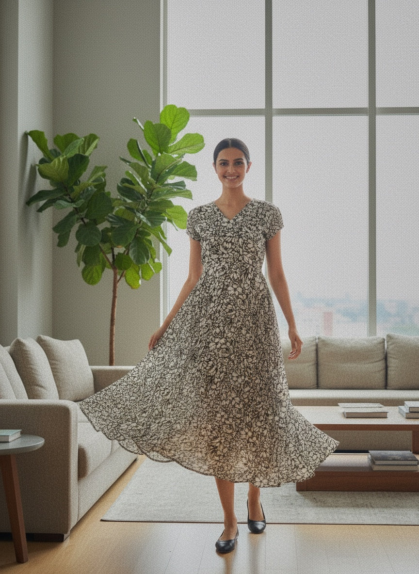 Souchii Black & Ivory Floral Chiffon Dress