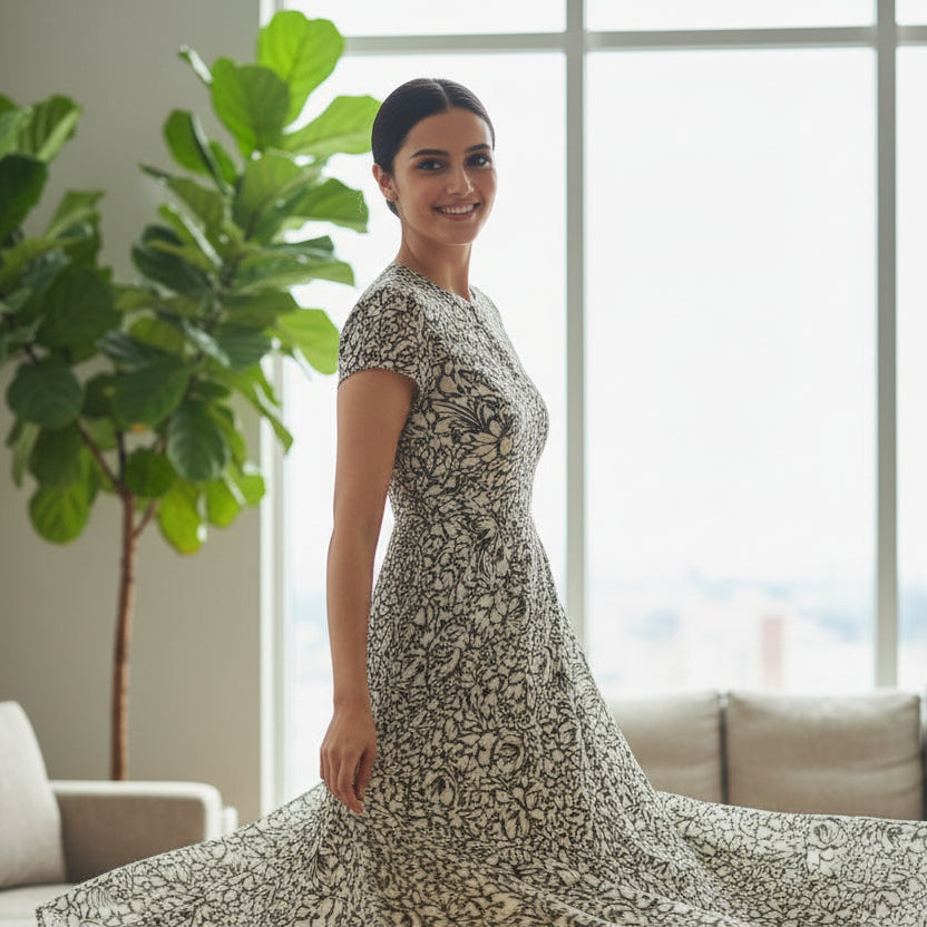 Souchii Black & Ivory Floral Chiffon Dress