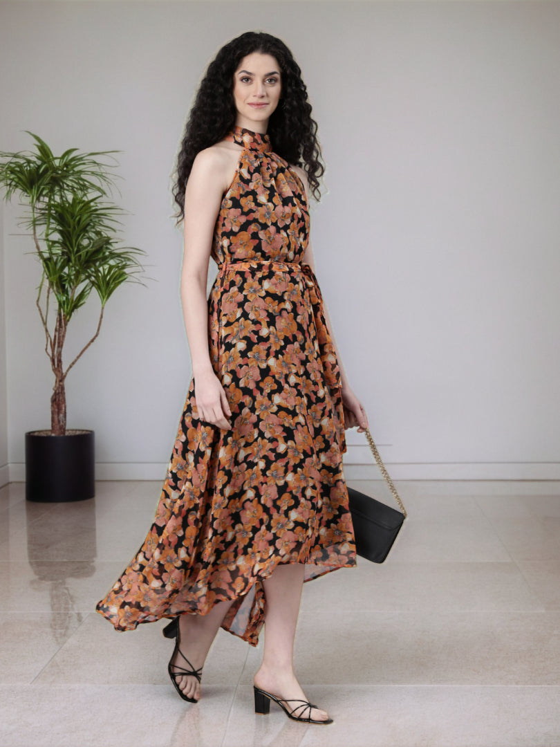 Maxi Dress – Black Floral  Print Halter Neck | Souchii