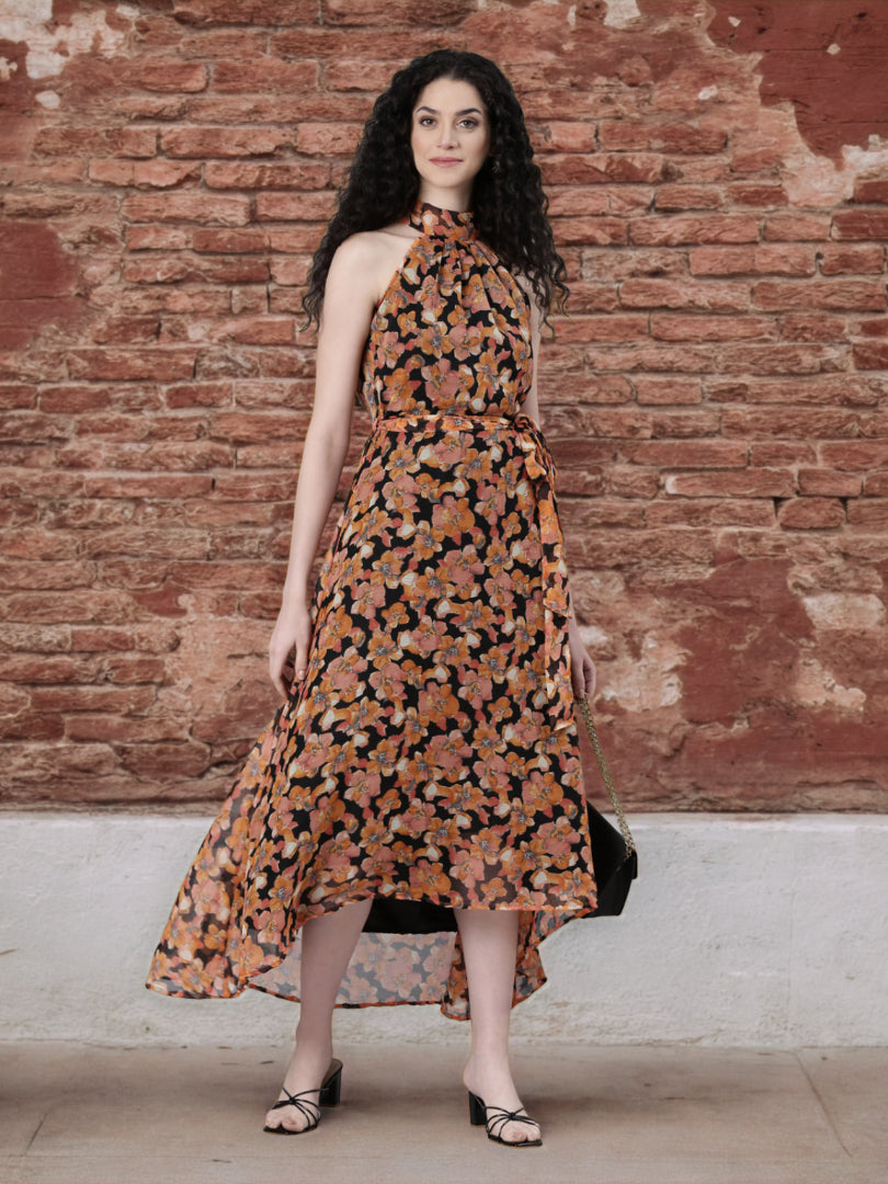 Maxi Dress – Black Floral  Print Halter Neck | Souchii