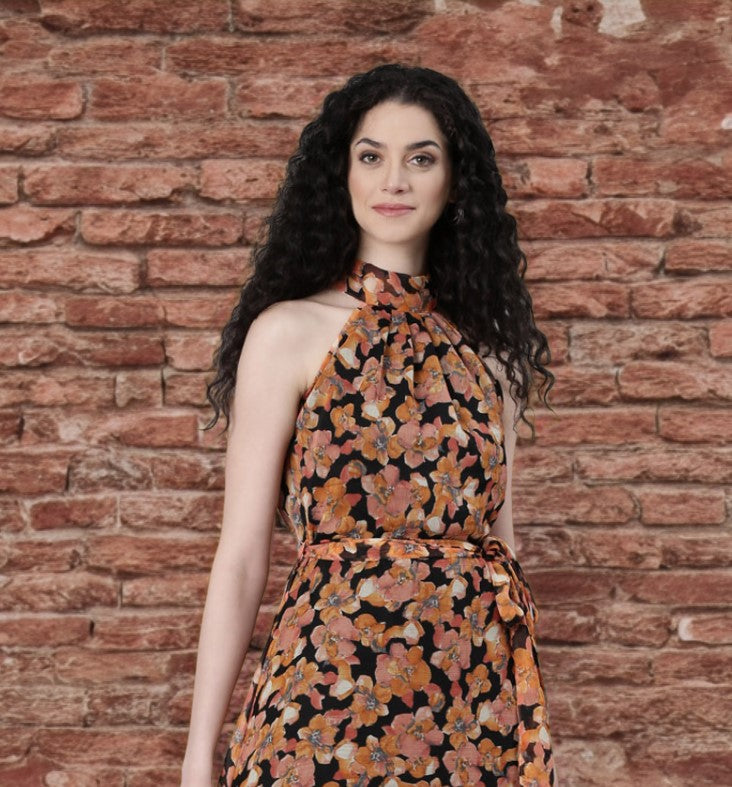 Maxi Dress – Black Floral  Print Halter Neck | Souchii