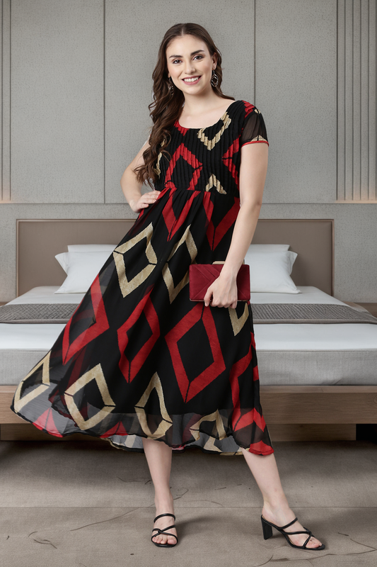 A-line Dress – Black & Red Geometric Printed A-Line Dress | Souchii