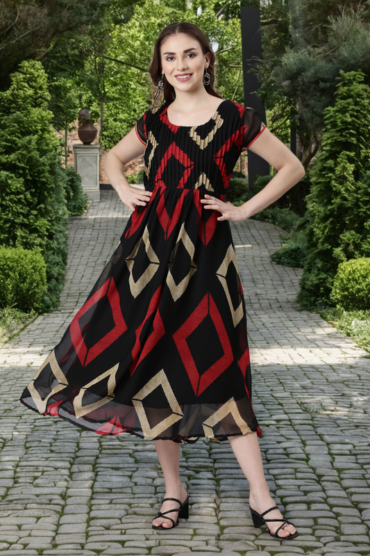 A-line Dress – Black & Red Geometric Printed A-Line Dress | Souchii