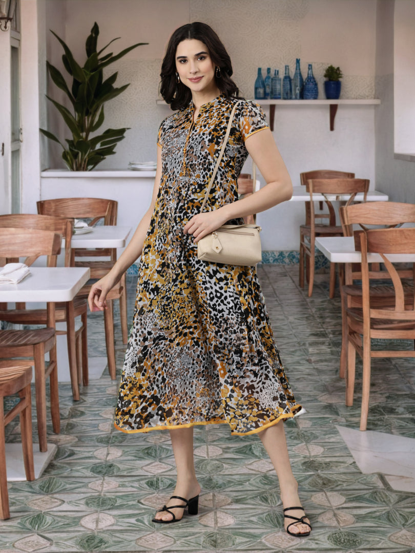 Maxi Dress – Cream Abstract Printed A-Line | Souchii