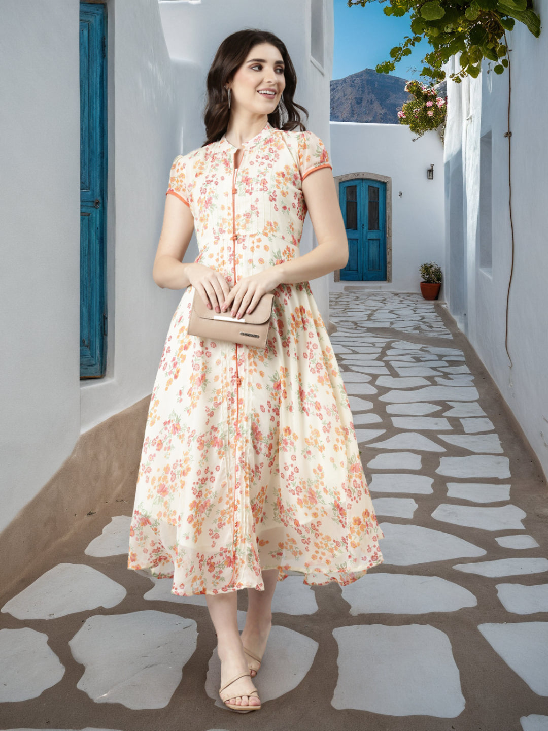 Fit & Flare Dress – Cream Floral Printed Ethnic | Souchii