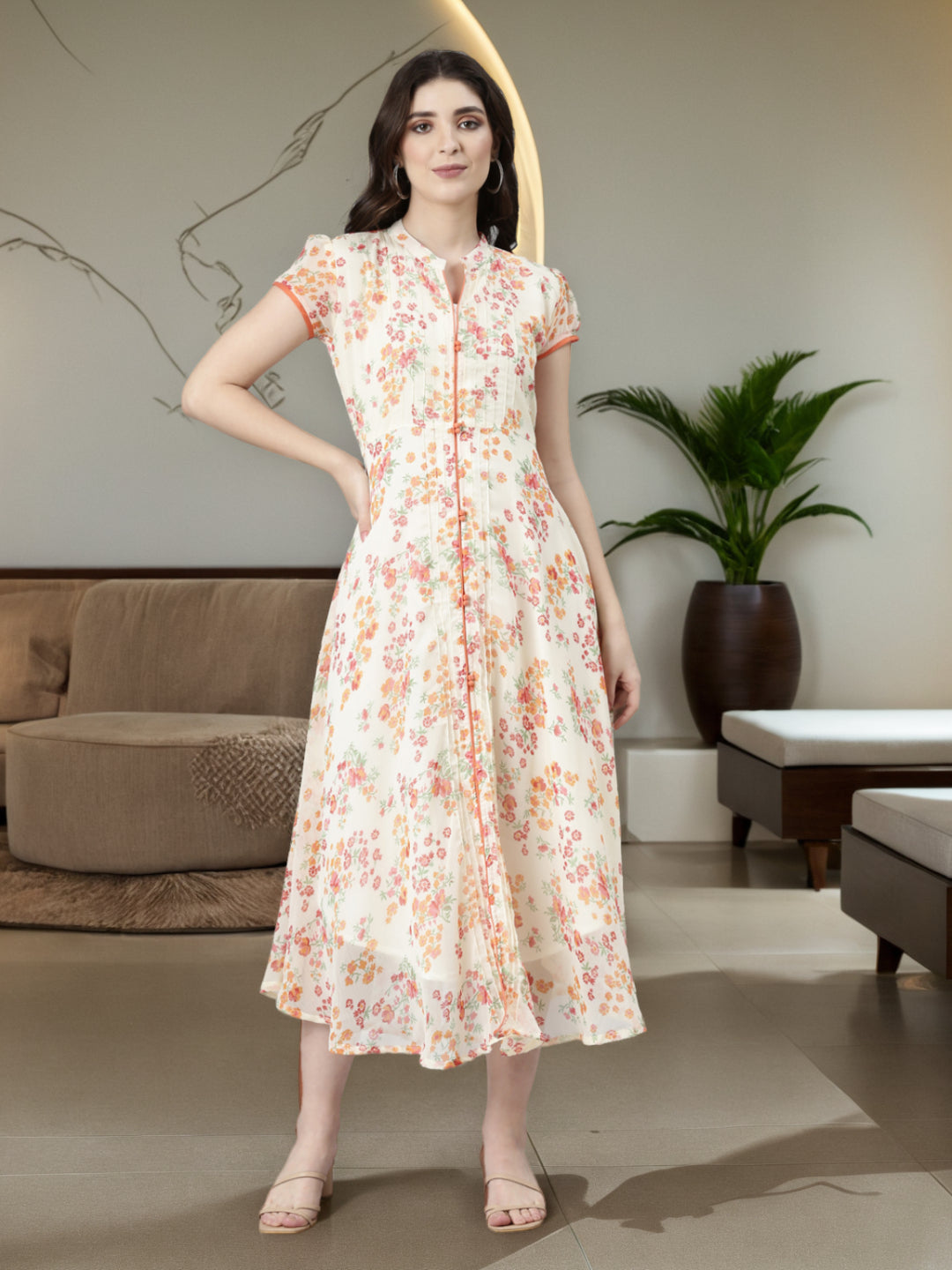 Fit & Flare Dress – Cream Floral Printed Ethnic | Souchii