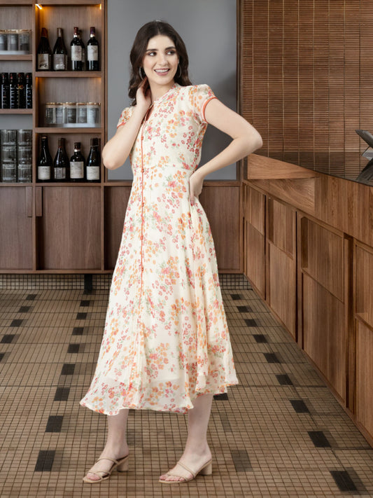 Fit & Flare Dress – Cream Floral Printed Ethnic | Souchii