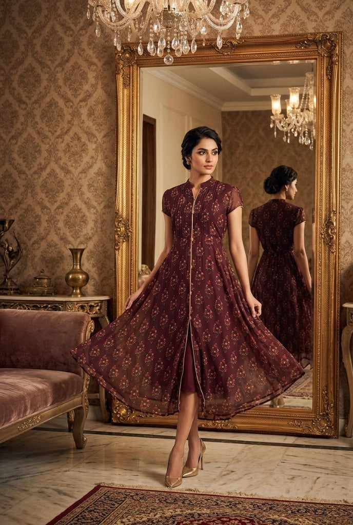 Gold Floral Print Chiffon Midi Dress for Women | Elegant Fit & Flare Party Wear