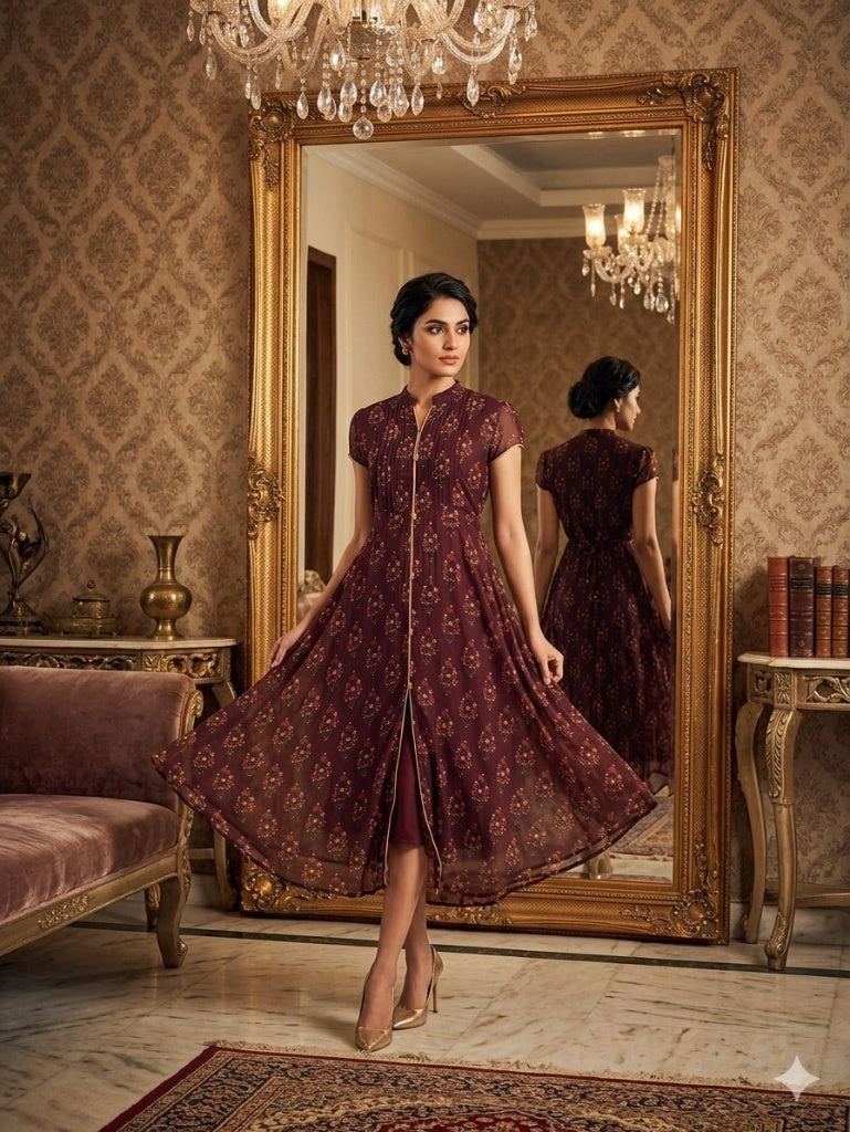 Gold Floral Print Chiffon Midi Dress for Women | Elegant Fit & Flare Party Wear