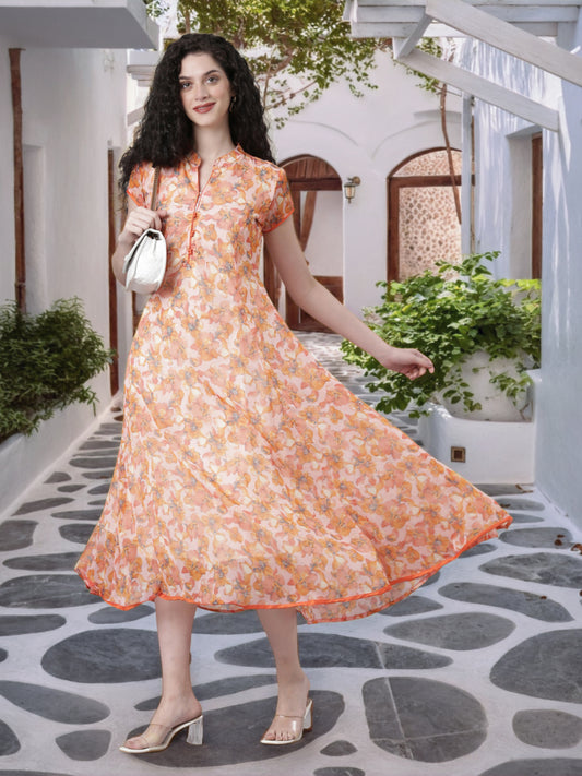 Dress – Peach Floral Print A-line Princess Line | Souchii