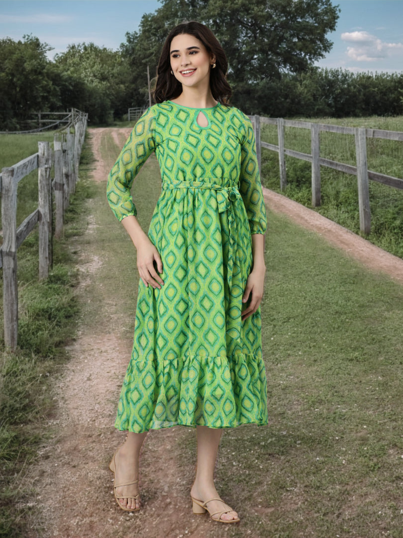 Maxi Dress – Green Abstract Printed Fit & Flare | Souchii