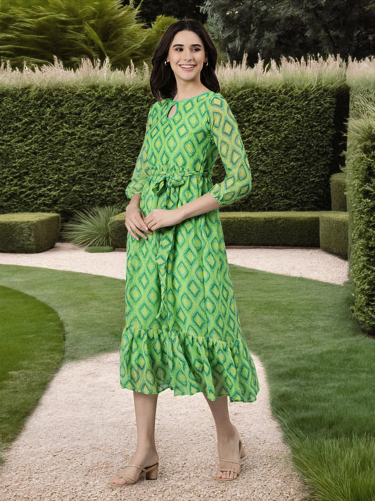 Maxi Dress – Green Abstract Printed Fit & Flare | Souchii