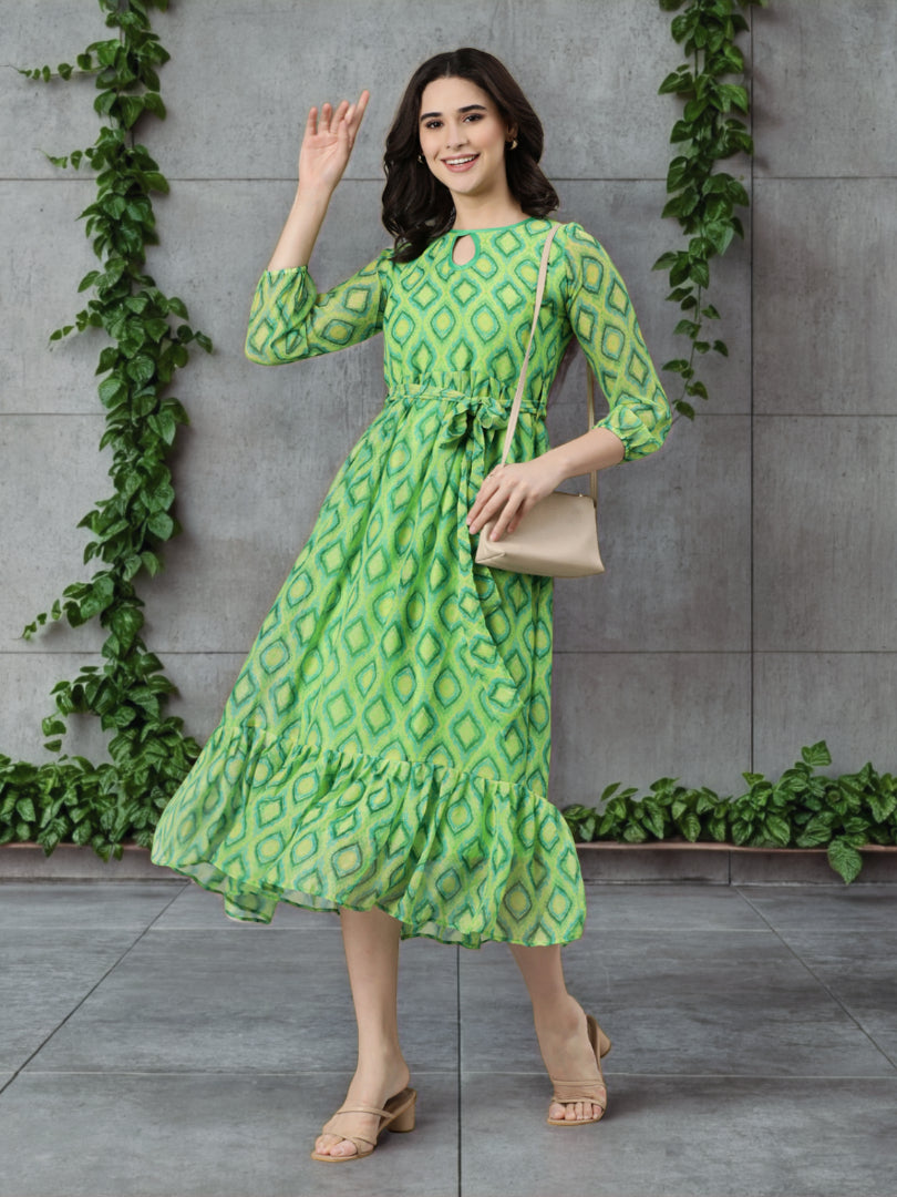 Maxi Dress – Green Abstract Printed Fit & Flare | Souchii