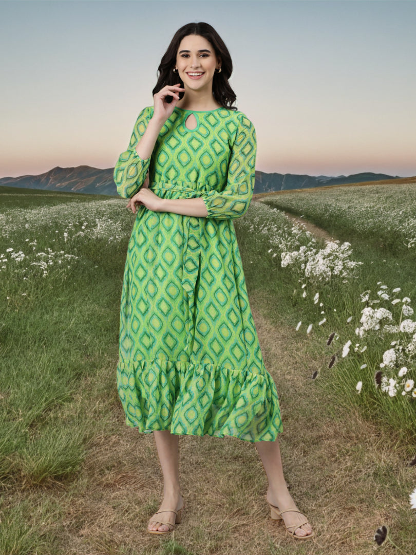 Maxi Dress – Green Abstract Printed Fit & Flare | Souchii