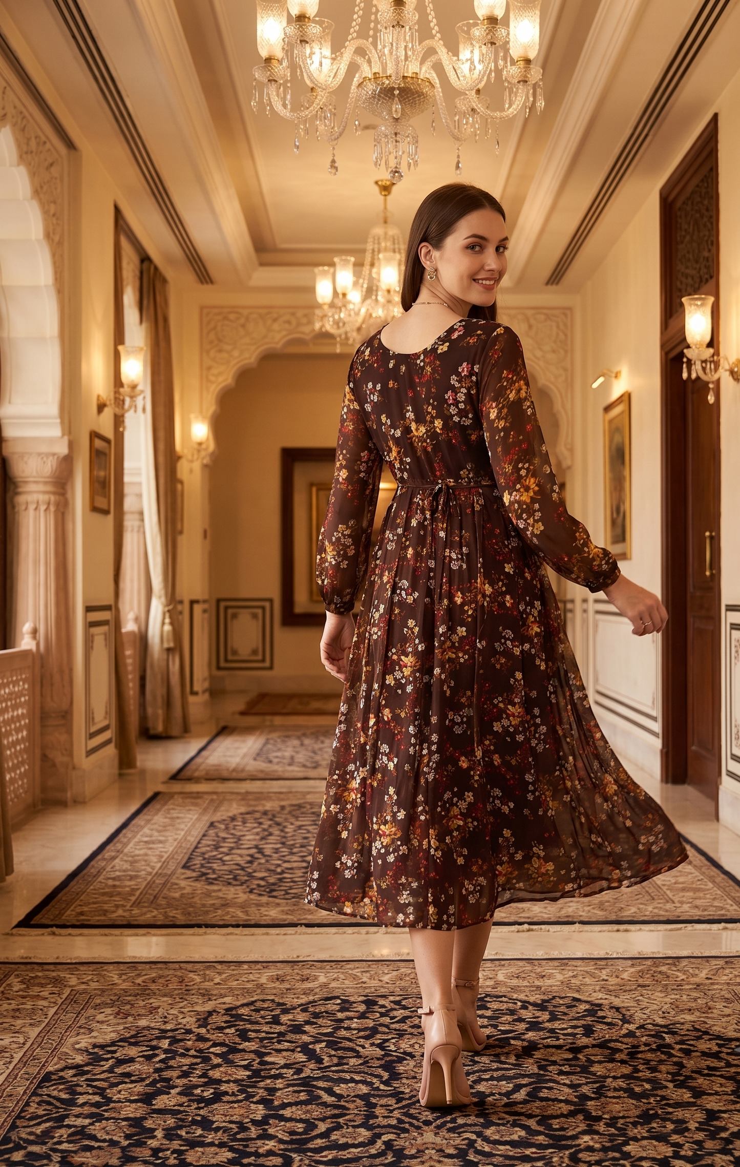 Souchii Brown Floral Print Midi Dress for Women | Sheer Sleeve Fit & Flare Dress