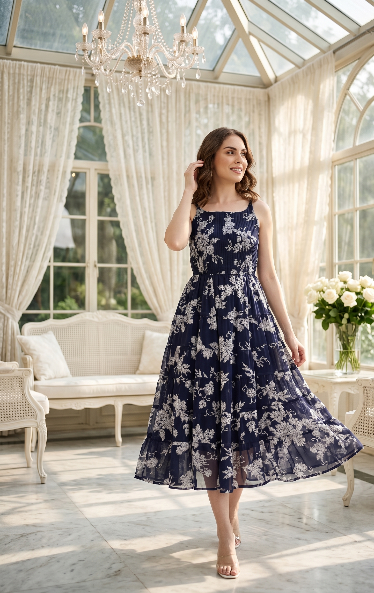 Souchii Women's Navy Blue Floral Printed Tiered Chiffon Midi Dress | Elegant Sleeveless Fit & Flare Party Dress