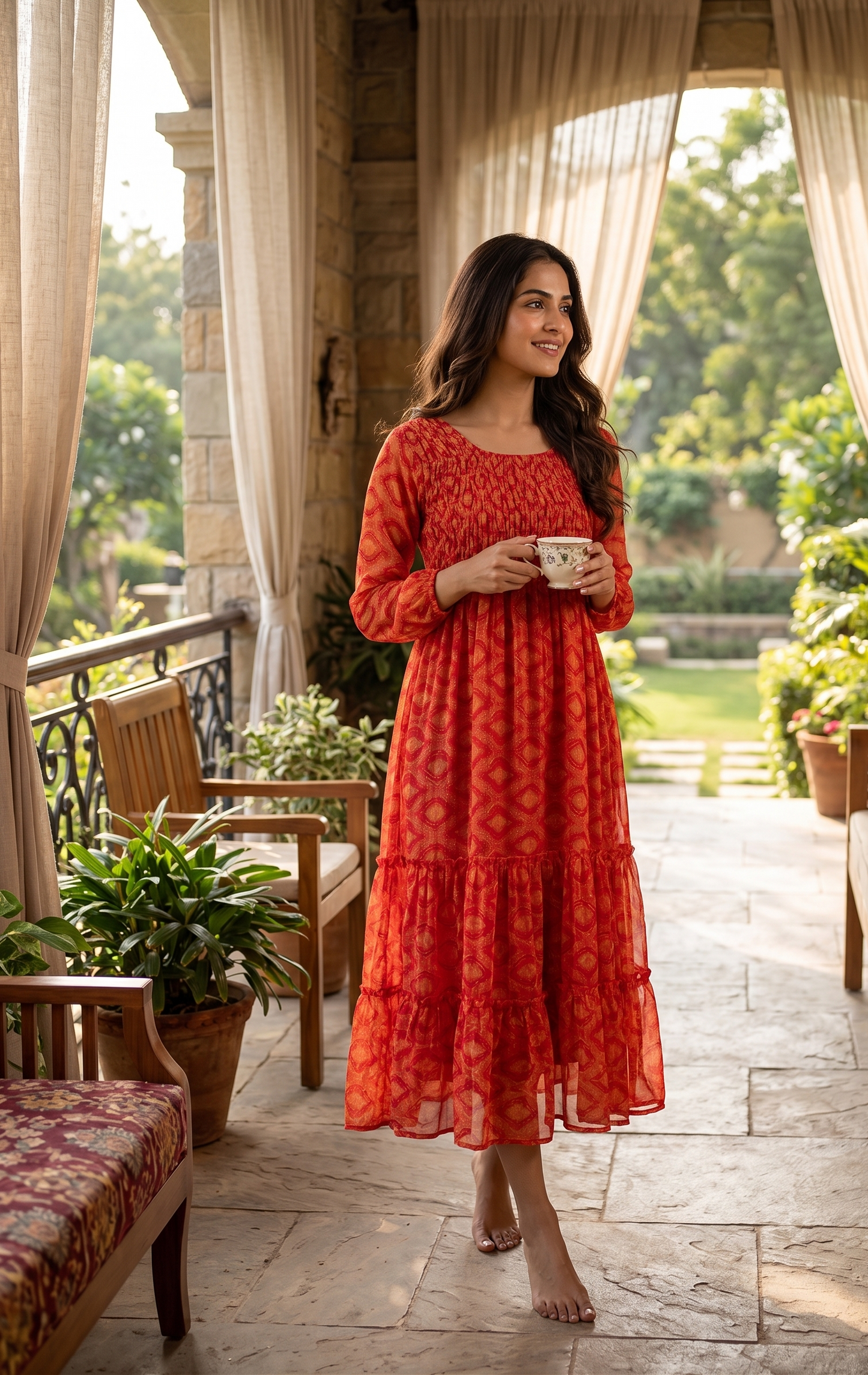 Souchii Red Printed Chiffon Midi Dress