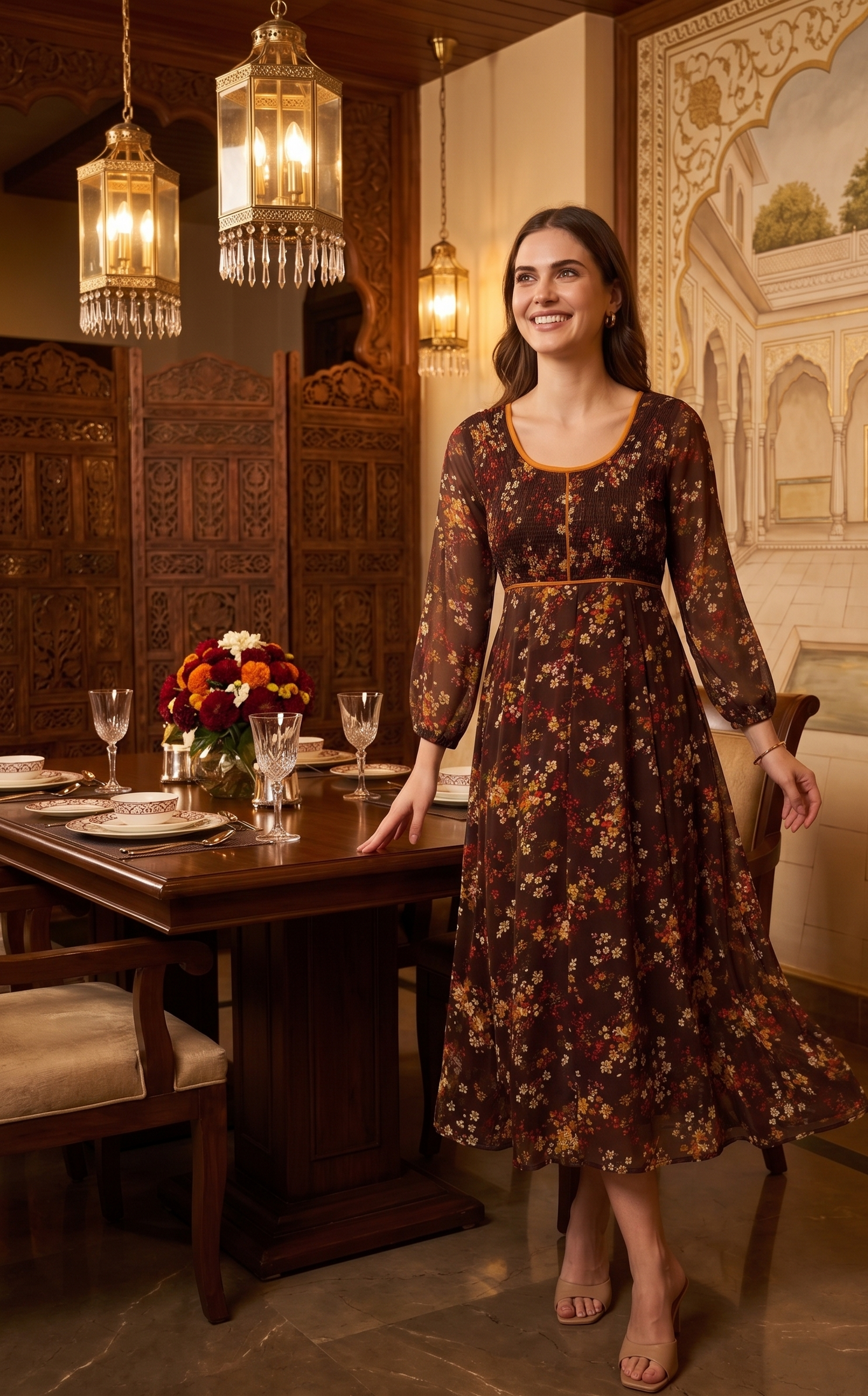 Souchii Brown Floral Print Midi Dress for Women | Sheer Sleeve Fit & Flare Dress