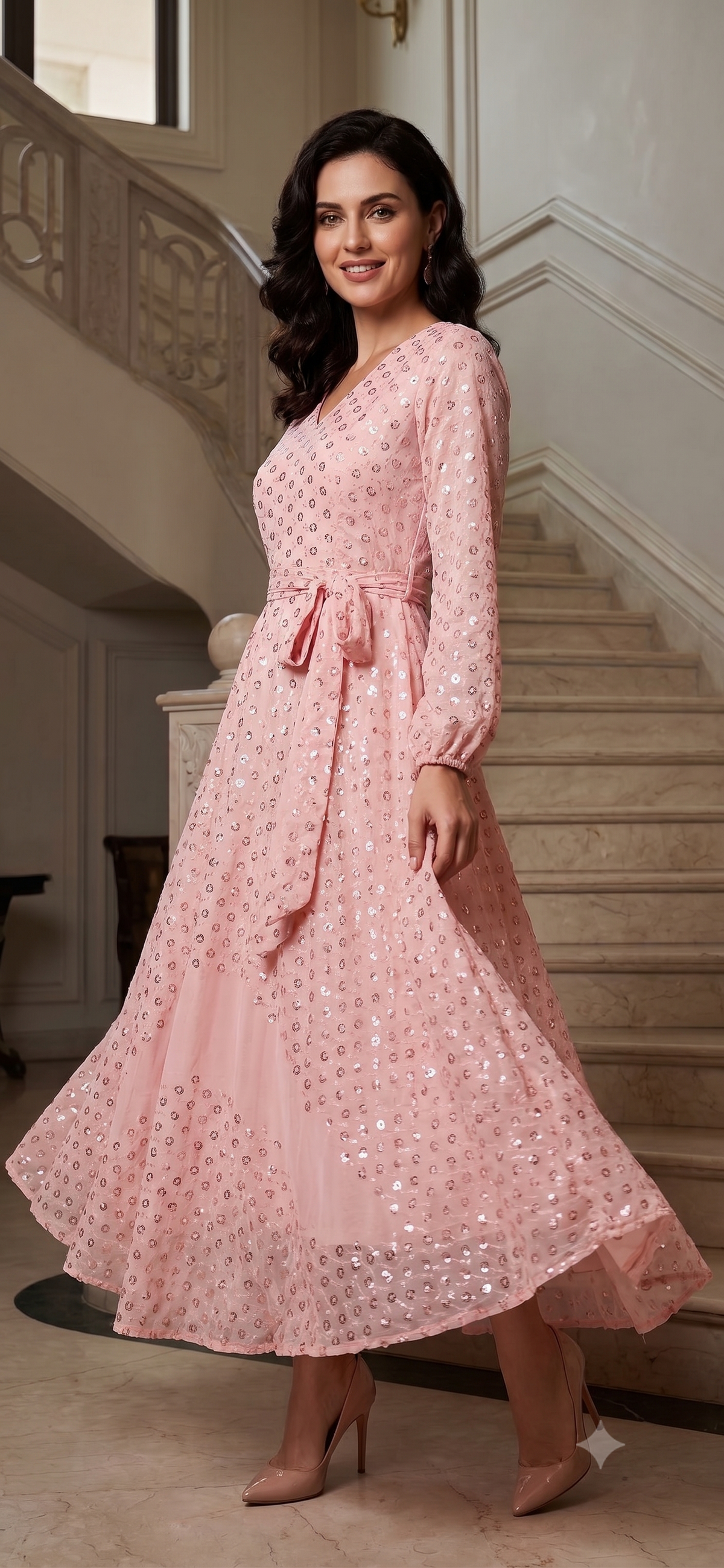Souchii Blush Pink Sequin-Embellished Chiffon Wrap Midi Party Dress