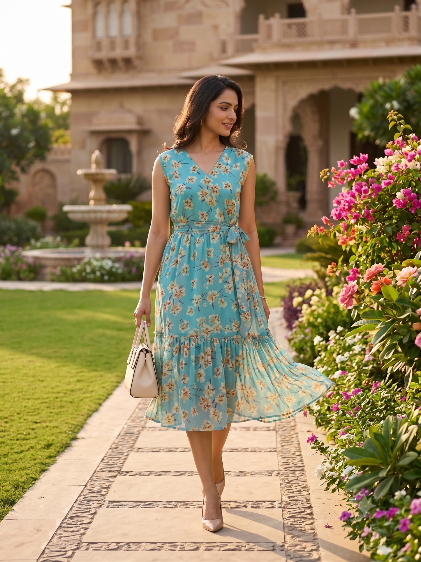 Souchii Women's Sky Blue Floral Printed Chiffon Midi Dress with Waist Tie | Elegant Sleeveless Summer Dress
