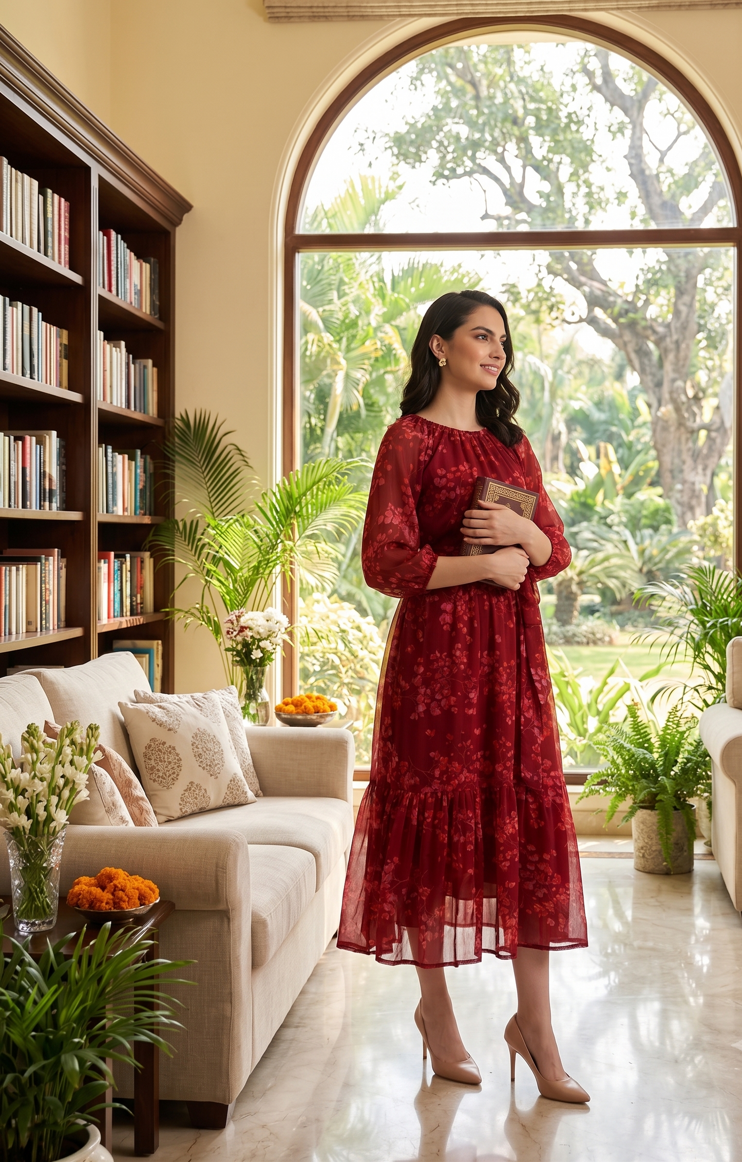 Floral Printed Chiffon Midi Dress with Sheer Sleeves | Souchii