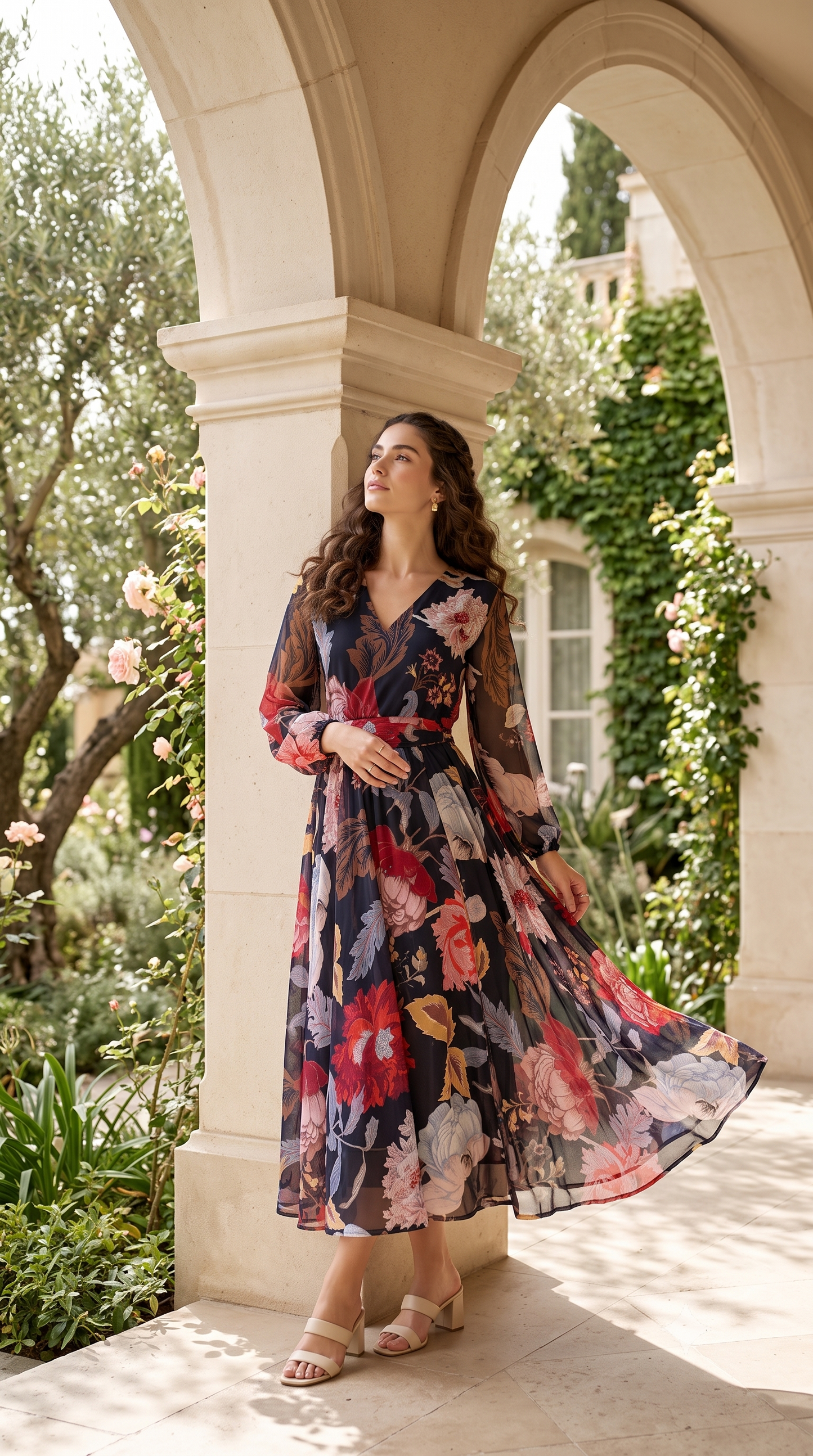 Women's Navy Blue Floral Printed Chiffon Midi Dress | V-Neck Fit & Flare Dress | Souchii