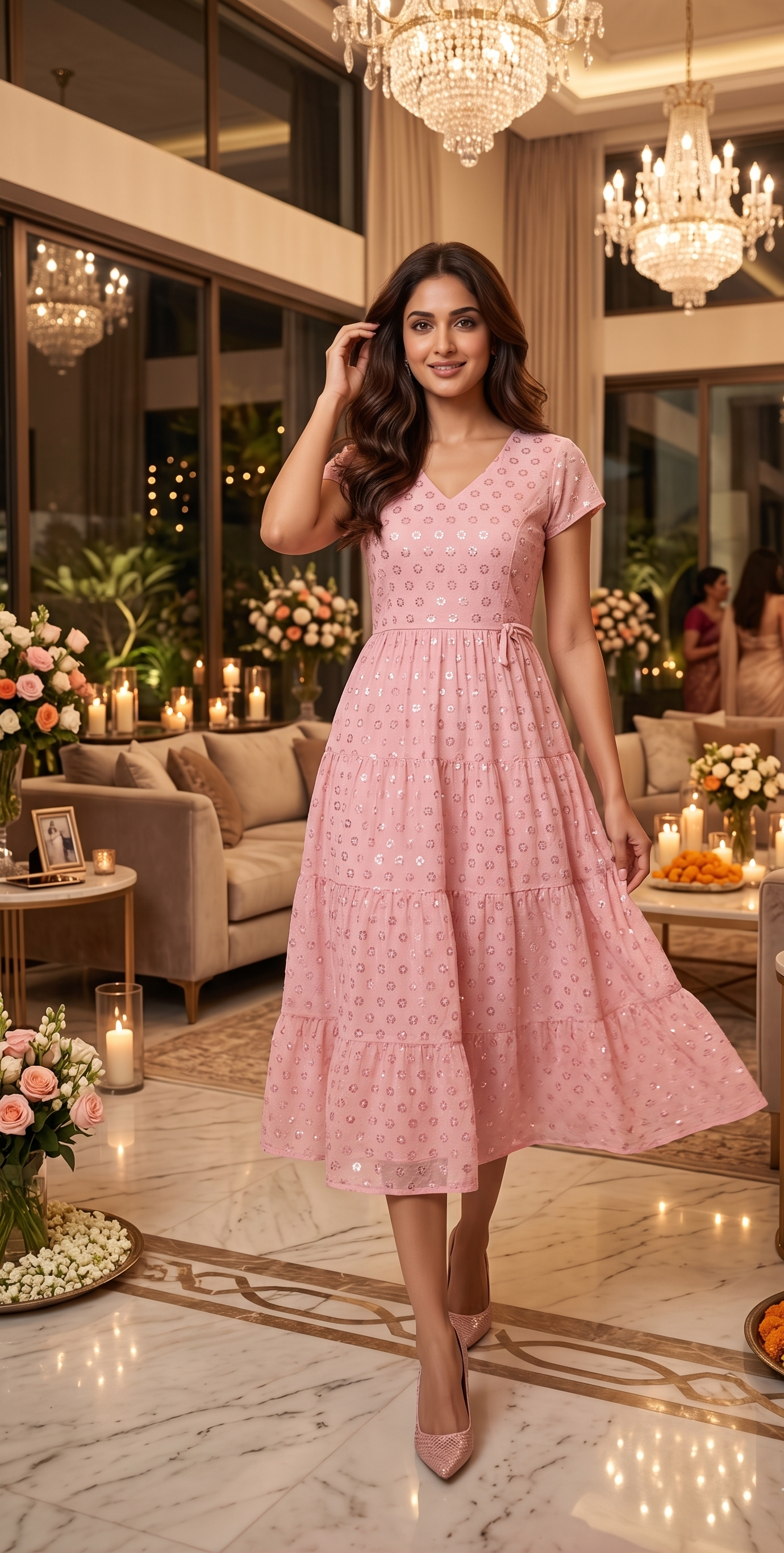 Souchii Pink Sequin Embroidered Fit & Flare Midi Party Dress
