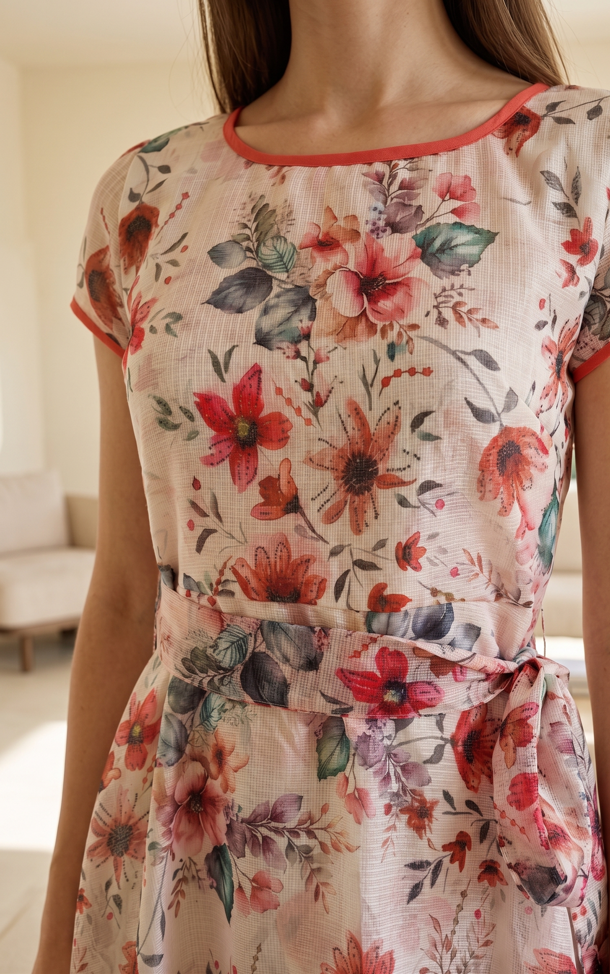 Ivory Floral  Midi Dress with Waist Tie | Souchii