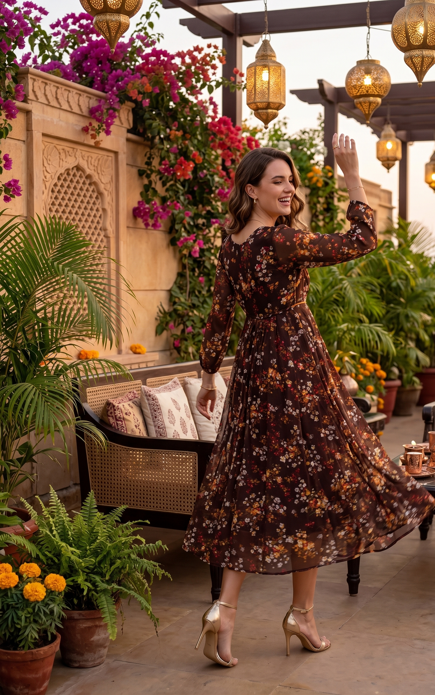 Souchii Brown Floral Print Midi Dress for Women | Sheer Sleeve Fit & Flare Dress
