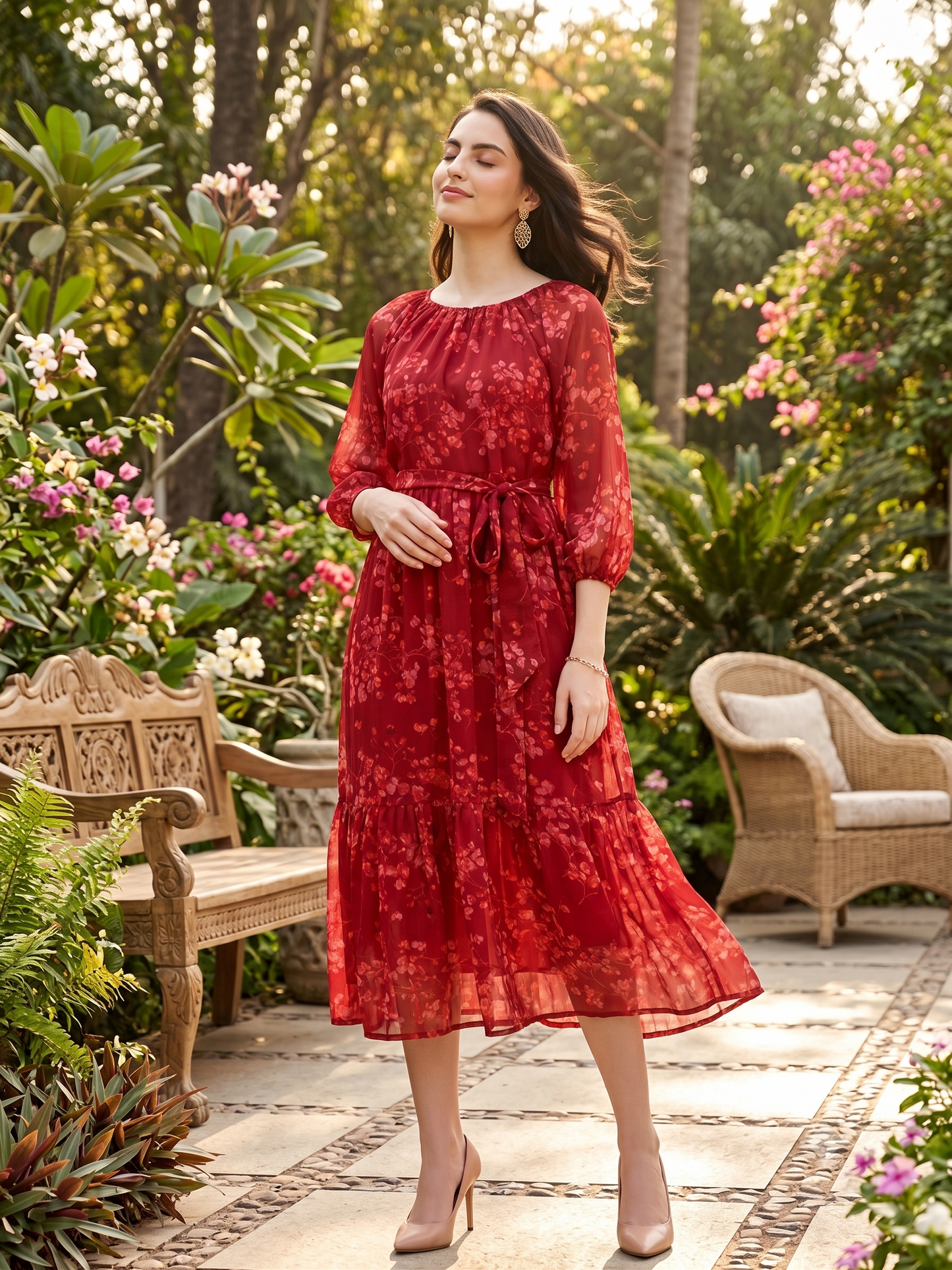 Floral Printed Chiffon Midi Dress with Sheer Sleeves | Souchii