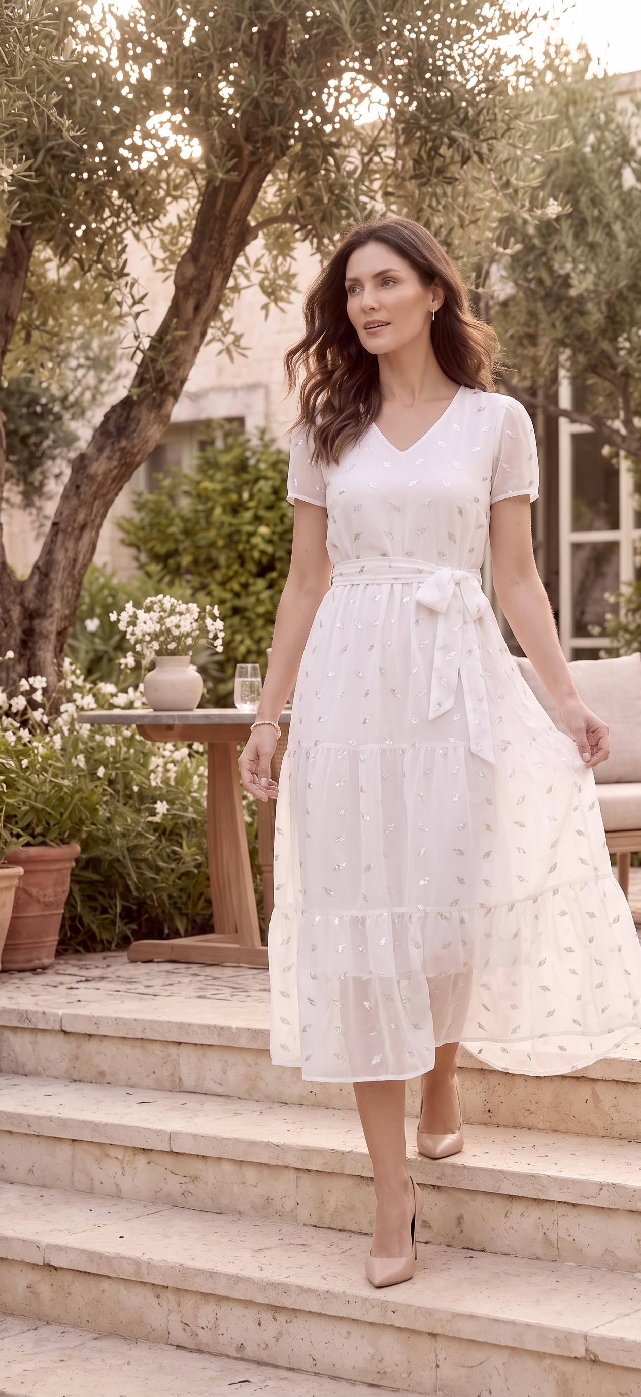 Ivory White Metallic Leaf Print Tiered Midi Dress with Waist Tie