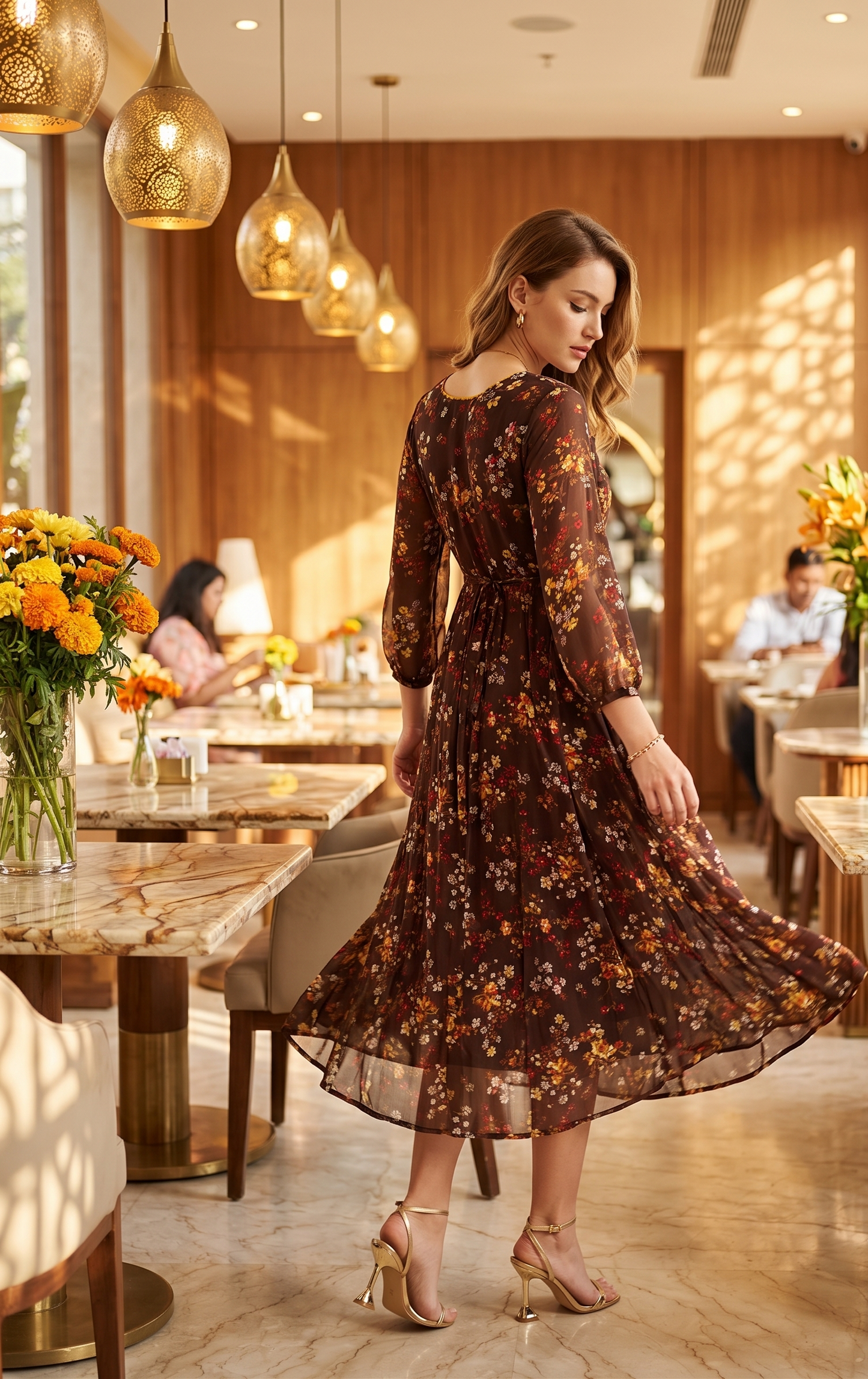 Souchii Brown Floral Print Midi Dress for Women | Sheer Sleeve Fit & Flare Dress