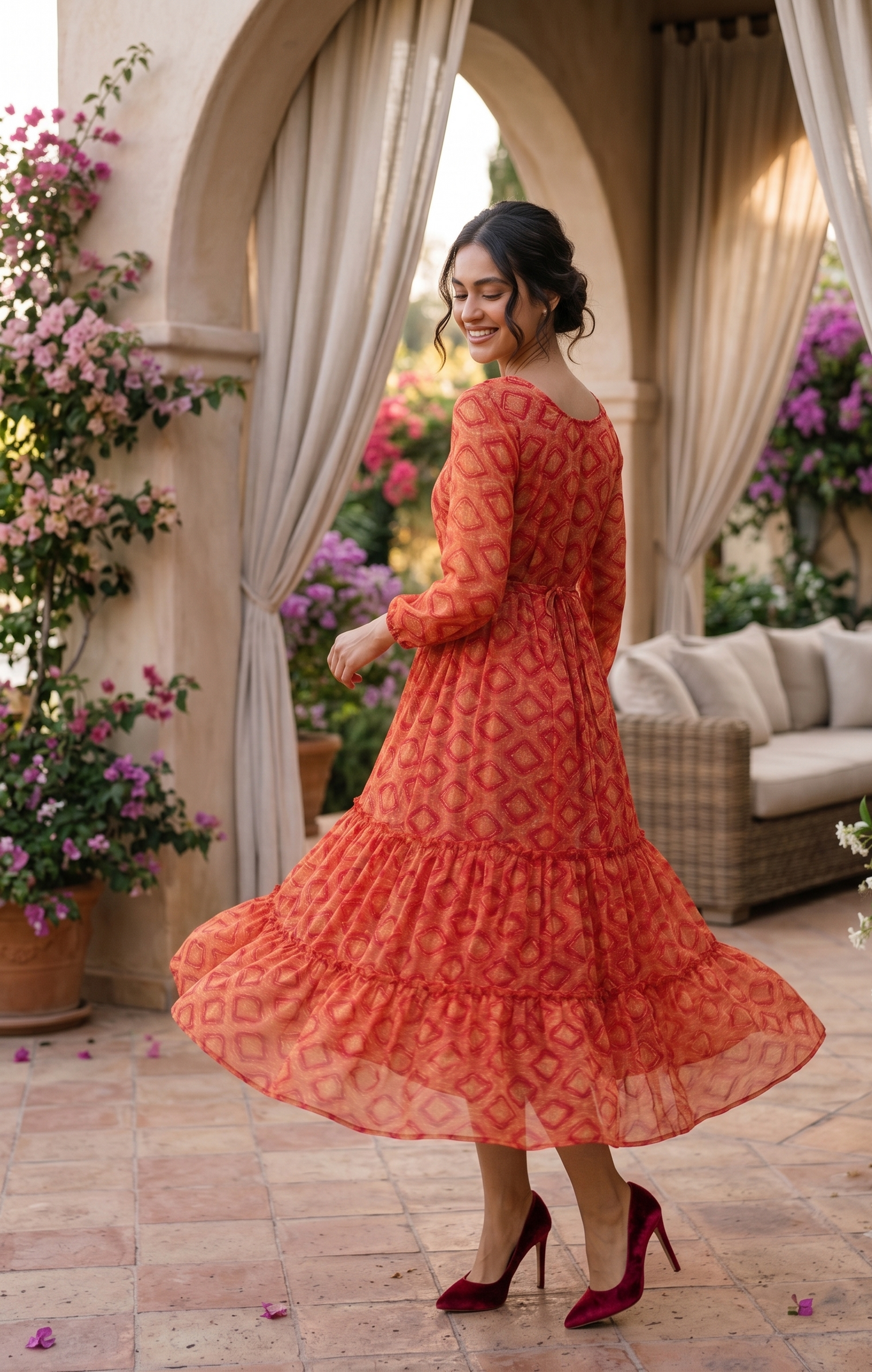 Souchii Red Printed Chiffon Midi Dress