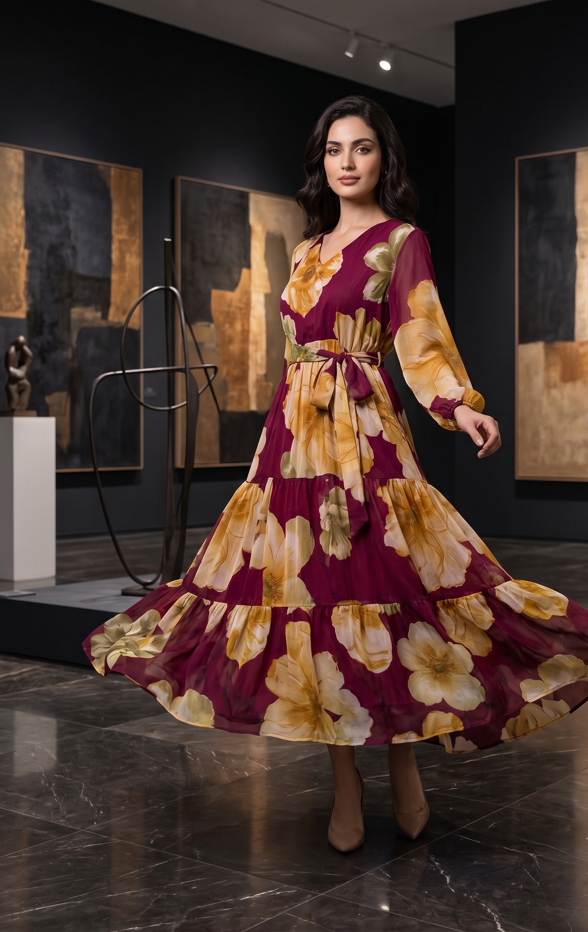 Burgundy Floral Tiered Maxi Dress with V-Neck & Full Sleeves