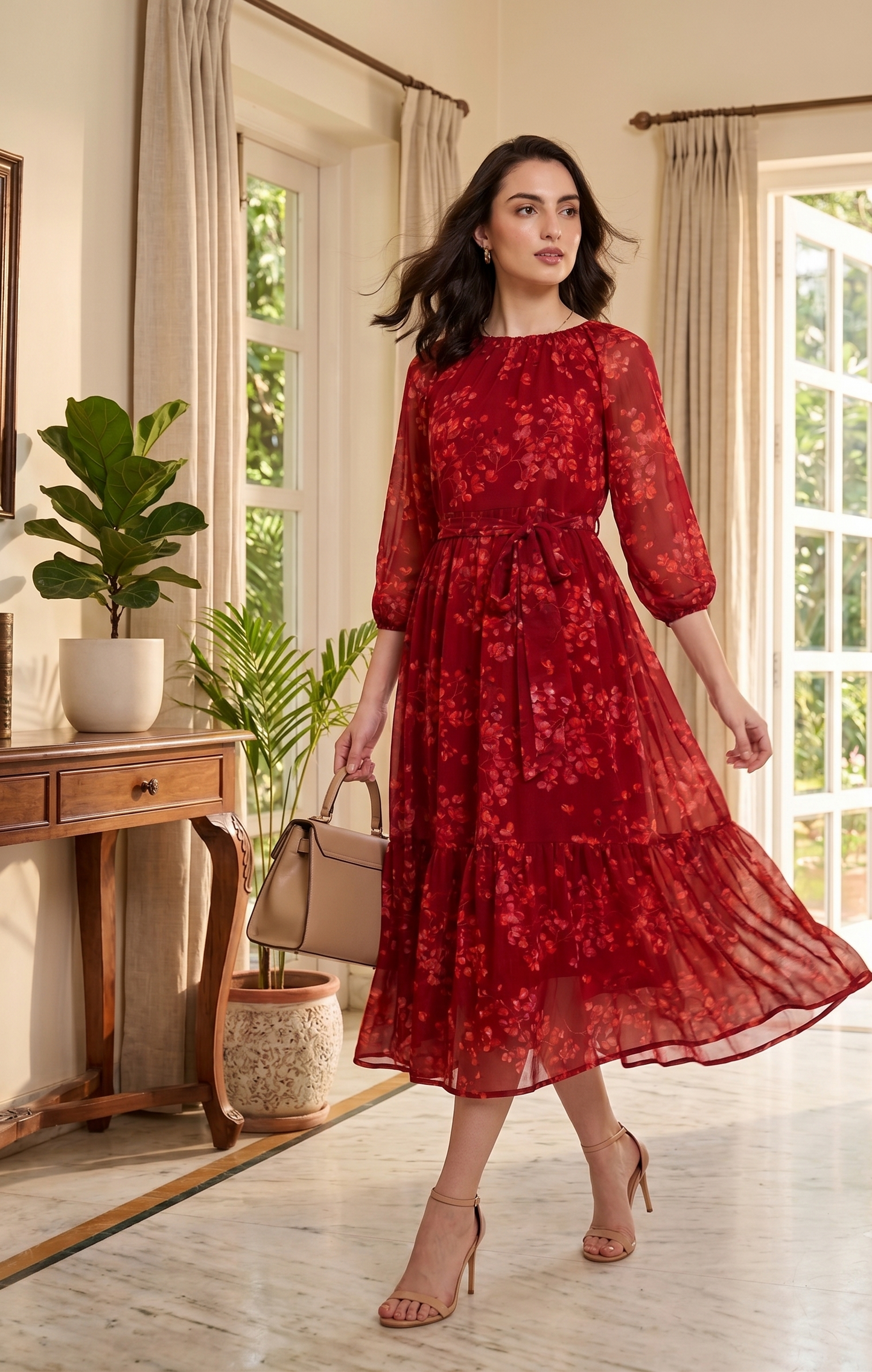 Floral Printed Chiffon Midi Dress with Sheer Sleeves | Souchii