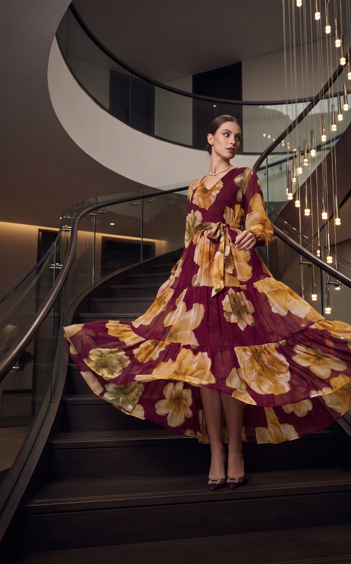 Burgundy Floral Tiered Maxi Dress with V-Neck & Full Sleeves
