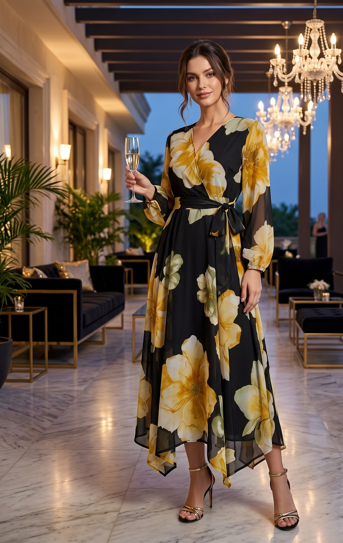 Black Floral Chiffon Maxi Dress with Flared Frill Hem
