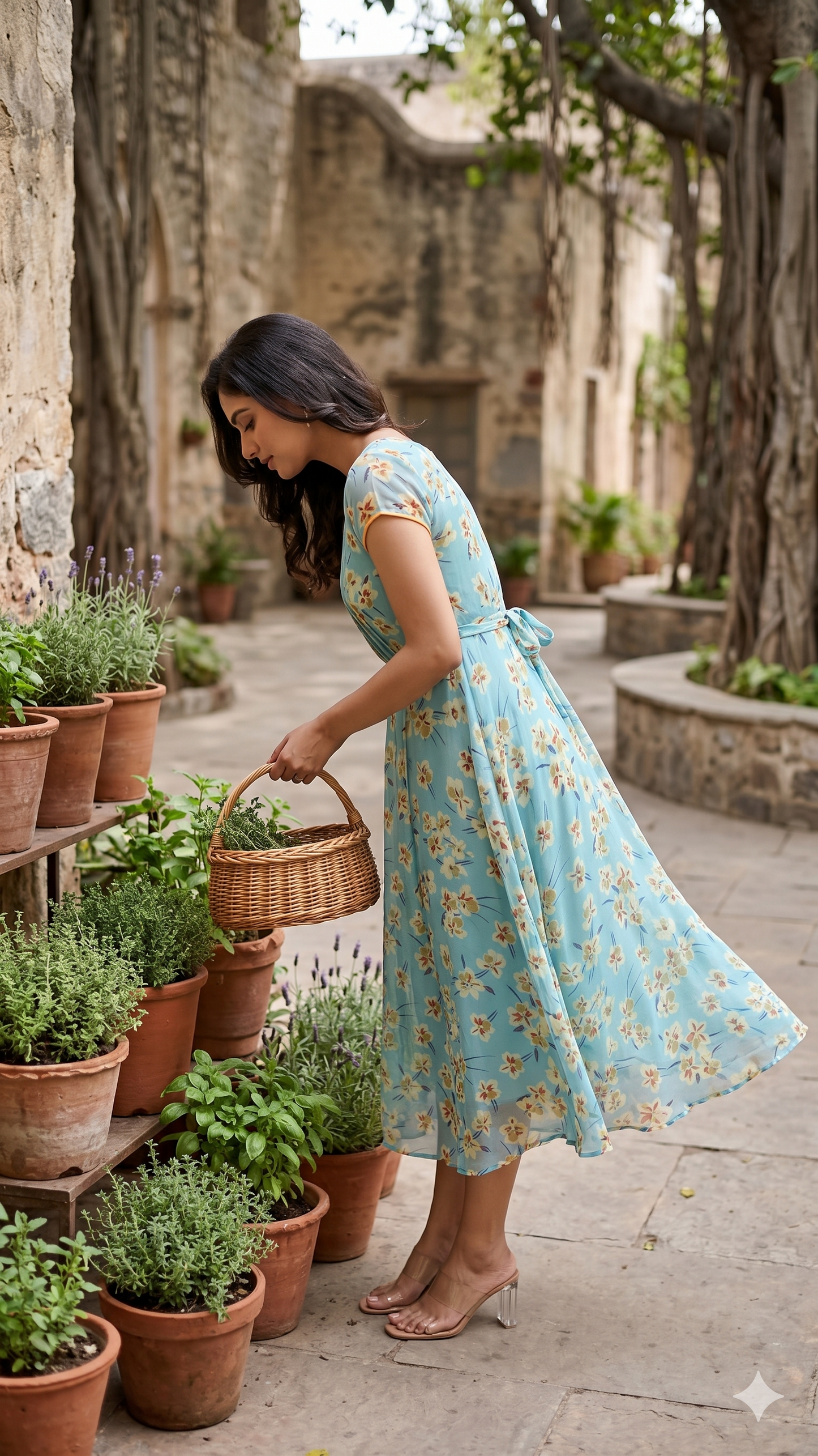 Souchii Women's Pale Blue Floral Printed Chiffon Midi Dress | Flowy A-Line Summer Dress with Empire Waist & Cap Sleeves